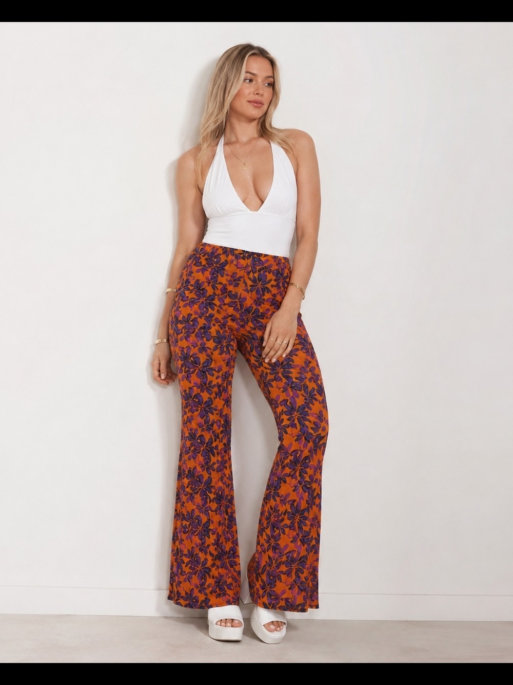 #1176 PrettyLittleThing Orange & Purple Floral Flare Pants